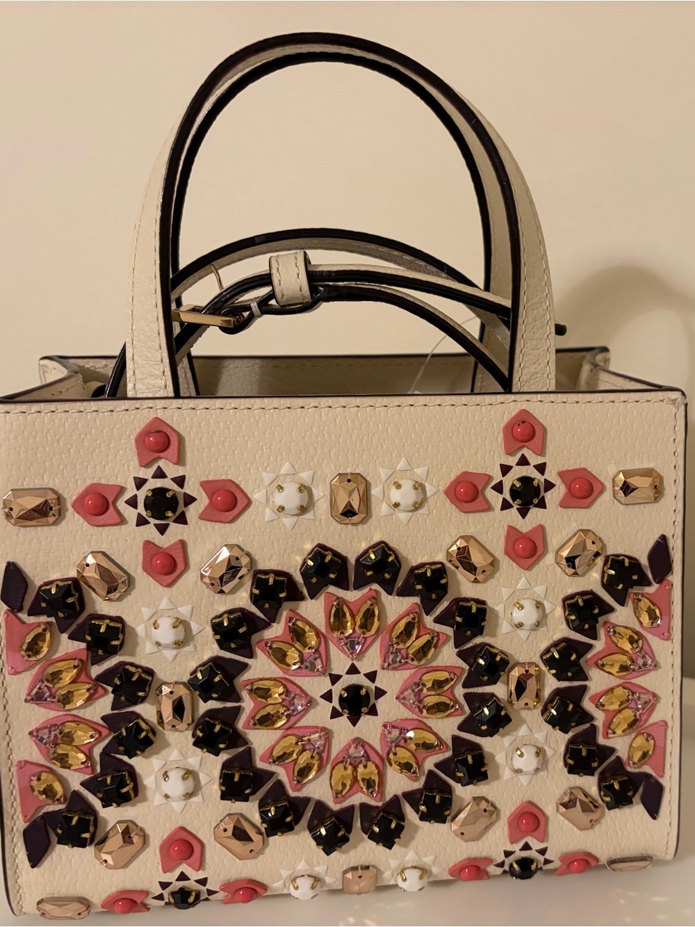 kate spade Ivory Satchel with Pink, Gold and Black Embellished Mandala